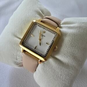 Kate Spade Gold Square Watch Mother of Pearl Dial + Nude Strap+ Crystal Accents